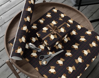 Hand Drawn Blue Tartan Teddy Bear Christmas Wrapping Paper | Classic Cozy Holiday Gift Wrap | Festive Luxury Plaid Paper