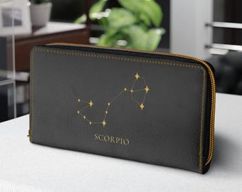 Scorpio Zodiac Black Zipper Wallet, Astrology Gift for Her, Scorpio Constellation Faux Leather Wallet, Celestial Birthday Gift for Witch