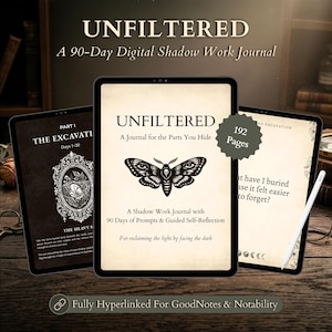 Digital skuggarbetsdagbok för GoodNotes & Notability, 90 dagar med guidade uppmaningar för inre barns helande, Dark Academia Healing Workbook
