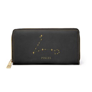 Cartera del zodiaco Piscis – Cartera de mano con constelación negra y dorada – Regalo astrológico para ella – Cartera de cuero vegano