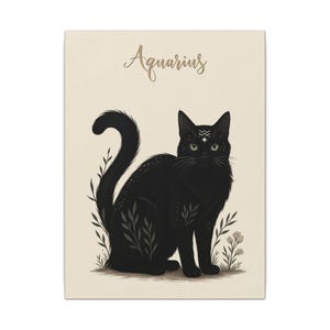 Aquarius Zodiac Cat Canvas Print | Witchy Black Cat Wall Art | Celestial Aquarius Decor for Astrology Lovers