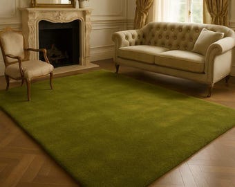 Hand-Tufted Olive Green Plush Rug, Minimalist Modern Carpet