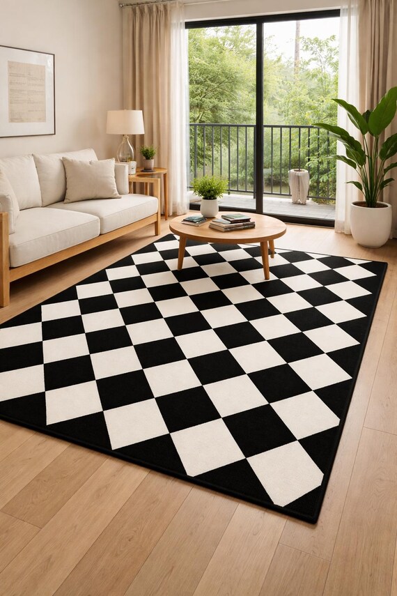 Black White Checkerboard Area Rug Modern Geometric Rug for Living Room Bedroom Minimalist Home Decor
