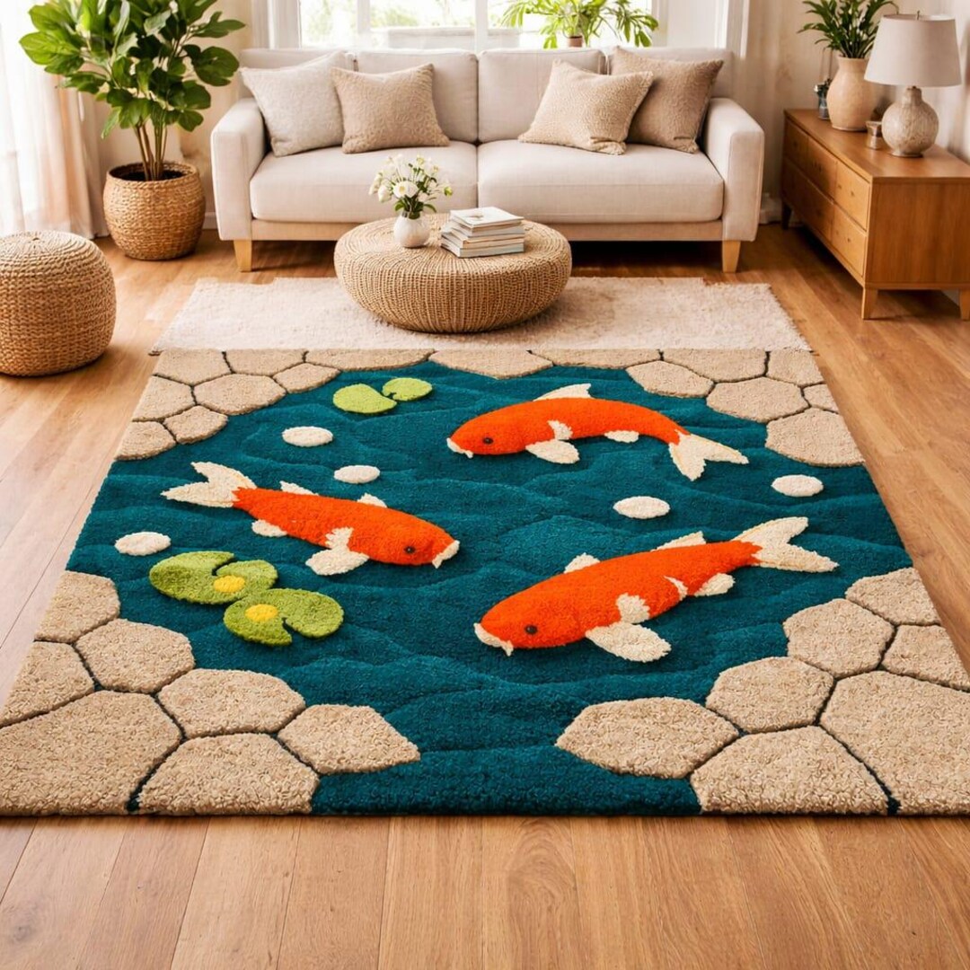 Koi Fish Area Rug – Japanese Pond Design Soft Plush, for Living Room ...