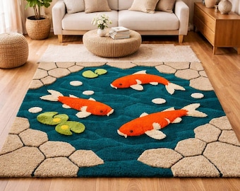 Koi Fish Area Rug – Japanese Pond Design Soft Plush, for Living Room, Kids Room & Nursery Decor