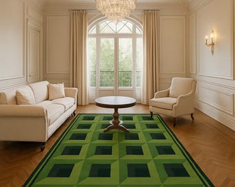 Hand-Tufted Green Geometric Rug | Modern 3D Optical Illusion