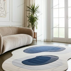 Retro Abstract Hand Tufted Wavy Area Rug - Groovy Multicolor Blob Carpet, Mid- Century Modern Inspired, Irregular Shaped for Living Room.