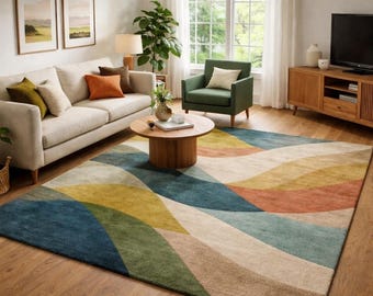 Modern Geometric Area Rug for Living Room – Colorful Abstract Pattern Soft Carpet for Home Décor