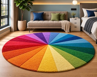 May include: A circular area rug featuring a vibrant, multi-colored radial pattern. The design consists of wedge-shaped segments in a full spectrum of colors, including red, orange, yellow, green, blue, and purple, arranged in a sunburst layout.