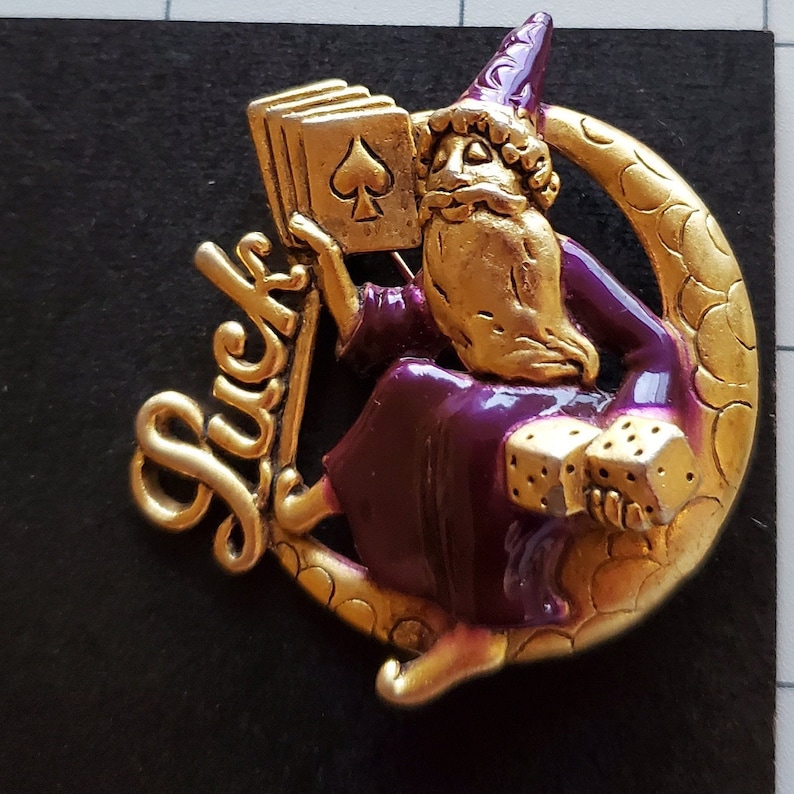Signed Vintage Danecraft Luck Wizard with Dice Brooch