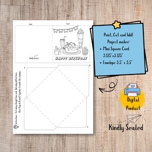 Alles Gute zum Geburtstag Karte zum Geburtstag – quadratische Mini-Karte und Umschlag – Farbe in PDF & PNG – digitaler Download – Kindly versiegelt