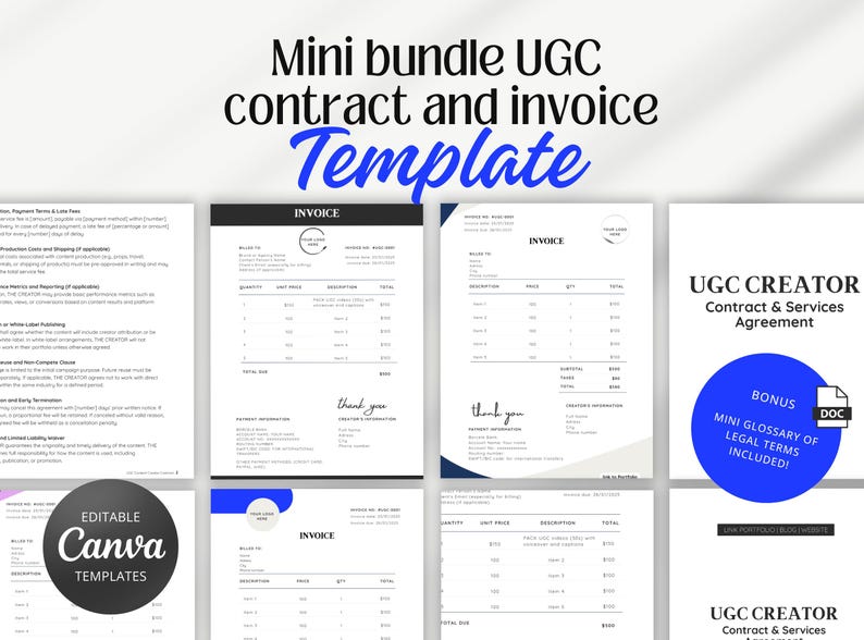 UGC Invoice UGC Creator Contract & Invoice Templates | Editable Canva ...