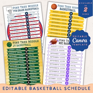 Bewerkbare sjabloonbundel basketbalschema, flyer reisplan sportteam voor school, club en universiteit | Bewerkbare canvas basketbalspeltafel