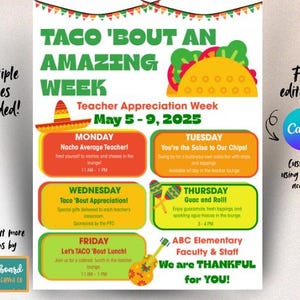 Plantilla editable para la Semana de Agradecimiento al Maestro (Fiesta, Cinco de Mayo, Nacho Average) / Volante Escolar de Canva / Descarga digital imprimible