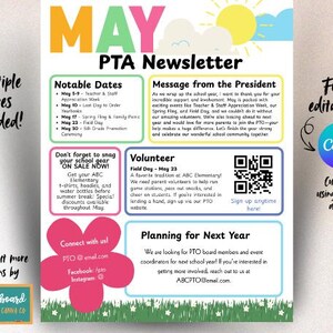 Peut inclure: Un modèle de bulletin d'information imprimable coloré pour l'Association des parents d'élèves (APE) d'une école. Le bulletin comprend un calendrier des événements, un message du président, une section d'inscription des bénévoles et des informations sur la planification de la prochaine année scolaire. Le modèle est entièrement modifiable dans Canva.
