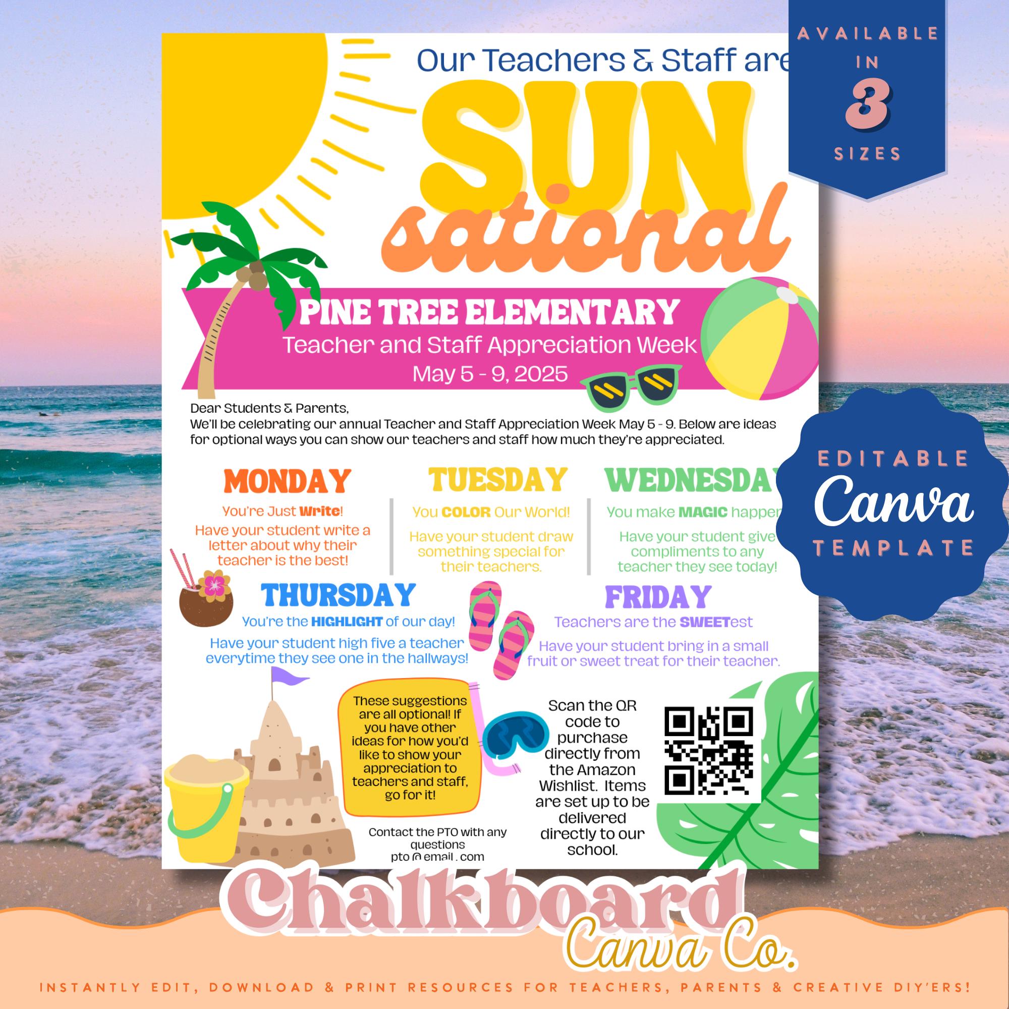 Stafff Editable Beach, Sunsational Teacher Appreciation Itinerary Poster ...