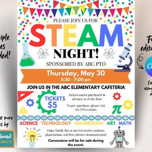 Może przedstawiać: Kolorowa, drukowana ulotka na Noc STEAM w Szkole Podstawowej ABC. Ulotka zawiera kolorowe logo STEAM, mikroskop, zlewka i symbol pi. Wydarzenie odbędzie się w czwartek, 30 maja w godzinach od 17:30 do 19:00. Bilety kosztują 5 zł i można je kupić z góry lub przy wejściu. Wydarzenie będzie obejmowało interaktywne stanowiska, planetarium i pokazy robotyki na żywo. Na miejscu dostępne będą przekąski i napoje.