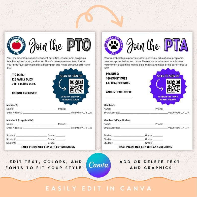 Editable PTA PTO Membership Form, Fully Editable Canva Template for ...