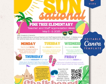 Puede incluir: Un póster imprimible colorido con un tema de sol y playa. El póster dice "Nuestros maestros y personal son SUNsational" y "Pine Tree Elementary Teacher and Staff Appreciation Week May 5-9, 2025". El póster tiene una lista de ideas para que los estudiantes muestren su aprecio por los maestros y el personal. El póster es una plantilla de Canva editable.