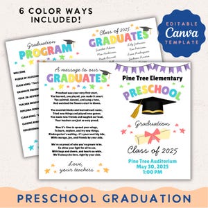 Editable Preschool Graduation Program Template Class of 2025 | Pre-K Program Canva Template | 6 Color Options | Instant Download