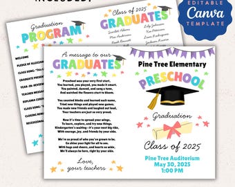 Editable Preschool Graduation Program Template: 6 Colors (Canva, Instant Download)