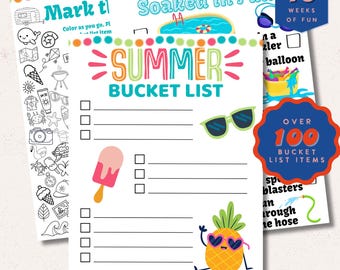Peut inclure: Un ensemble de feuilles d'activités sur le thème de l'été. La feuille principale est une "Summer Bucket List" avec une glace et des lunettes de soleil. D'autres feuilles incluent "Soaked in Fun" et "Mark It!" avec plus de 100 activités.