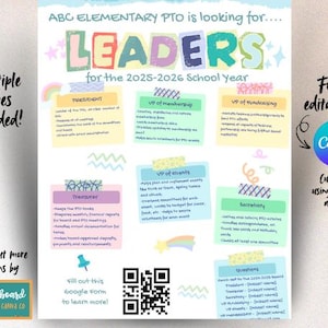Può includere: Un poster stampabile colorato con un design a arcobaleno e un codice QR. Il poster è intitolato "Leader per l'anno scolastico 2025-2026" e elenca i diversi ruoli disponibili nell'Associazione Genitori (AG). I ruoli includono il presidente, il tesoriere, il vicepresidente per l'adesione, il vicepresidente per gli eventi, il vicepresidente per la raccolta fondi e il segretario. Il poster è completamente modificabile in Canva.