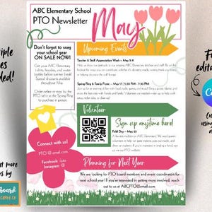 May include: A colorful printable newsletter for a school's PTO with the word "May" in large, yellow letters. The newsletter includes information about upcoming events, volunteer opportunities, and a call for new PTO members for the next school year. The newsletter also includes a QR code for signing up for events.