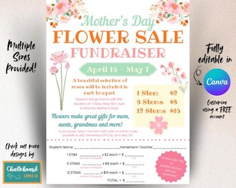 Editable Mother’s Day Flower Sale Fundraiser Flyer | Canva Template | School PTO PTA Fundraiser Order Form