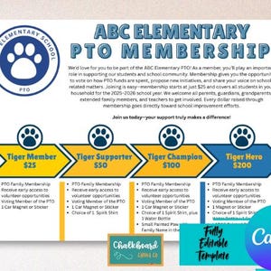 May include: A colorful flyer for ABC Elementary School's PTO membership drive. The flyer features a paw print logo and lists different membership levels with corresponding benefits, including early access to volunteer opportunities, voting membership, and various perks like car magnets, spirit shirts, and water bottles. The flyer also includes the text "Join us today - your support truly makes a difference!"