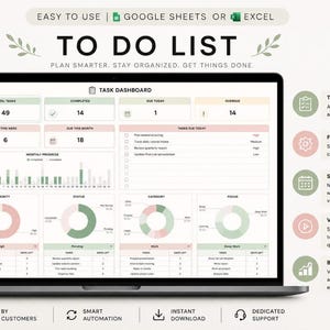 Peut inclure: Un tableau de bord numérique de liste de tâches affiché sur un écran d'ordinateur portable, avec des sections pour le total des tâches, les éléments terminés, les dates d'échéance et des graphiques de progression dans des tons pastel doux.