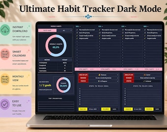 May include: A laptop screen displaying an Ultimate Habit Tracker Dark Mode interface with a dark blue background, featuring circular progress charts, weekly habit checklists, goal tracking sections, and four colourful sidebar icons with text.
