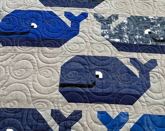 Whale Quilt, Whale Nautical Quilt, Under the Sea Baby Youth Quilt, Deep blue sea Fish Under the Sea blanket Gender Neutral Baby Crib Decor