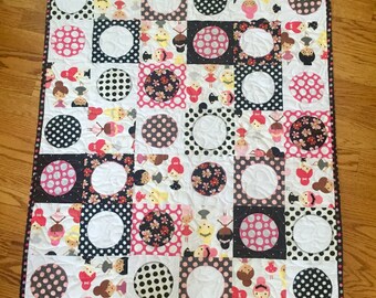 Ballerina modern quilt, Baby blanket Pink black & polka dots, ballerina quilt -Crib Bedding- Nursery Room Bedding- Modern-Tummy Time Blanket