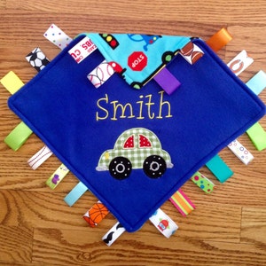 Cars, PERSONALIZED, lovey security teething blanket for baby boy, ribbon tags, appliquéd burp towel, taggy style, Minky