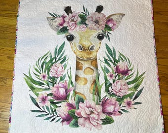 Handmade Giraffe Quilt: Jungle Animal Blanket, Tropical Floral Print (41x40)