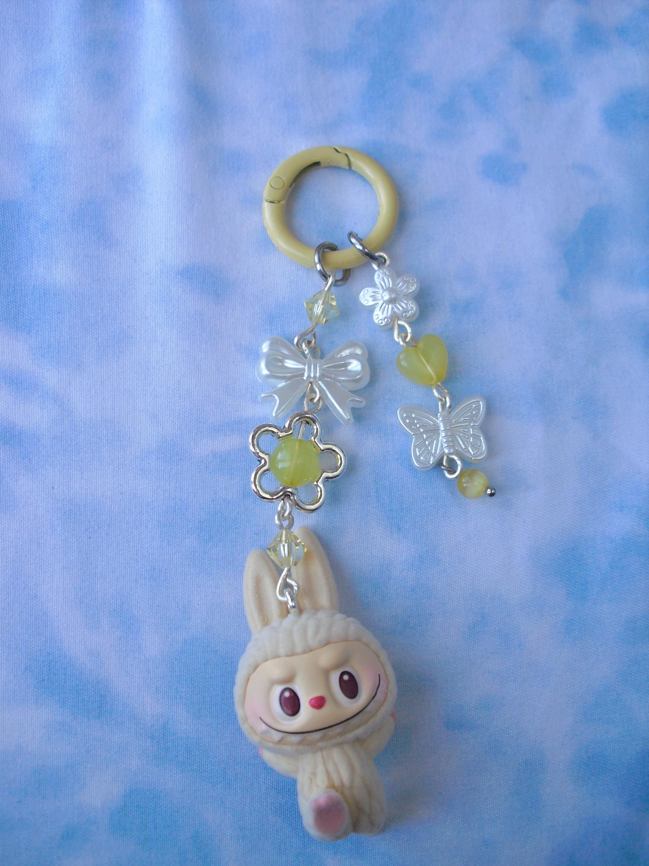 Yellow Yoga Labubu-Inspired Keychain | Cute Beaded Charm with Heart, Butterfly, Bow & Flower | Pop Mart-Inspired Accessory (Not Official)