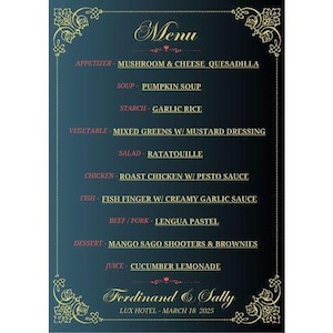 Menú de cena imprimible para bodas, cumpleaños y ocasiones formales.