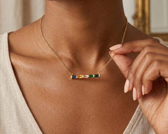 Baguette Birthstone Necklace, Family Birthstone Necklace, Birthstone Jewelry ,Gift for Mom, Birthday Gift