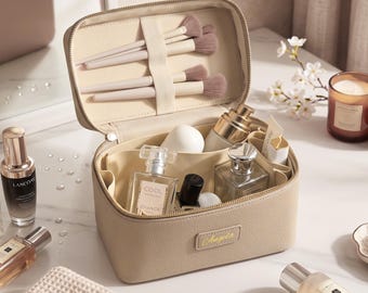 Personalized Leather Makeup Travel Case, Custom Name PU leather Cosmetic Storage Box