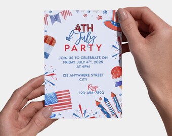 Invitación para fiesta del 4 de julio / Barbacoa patriótica, plantilla editable de Canva (12,7 x 18,8 cm)