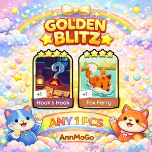 May include: A colorful promotional image for "Golden Blitz" featuring two game cards: "Hook's Hook" and "Fox Ferry." The image includes cartoon cats, stars, a rainbow, and the text "ANY 1 PCS" and "AnnMoGo."