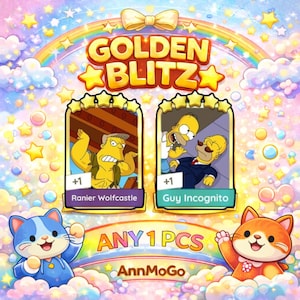 May include: A digital graphic titled Golden Blitz featuring two game cards with characters Ranier Wolfcastle and Guy Incognito. Below the cards, the text reads ANY 1 PCS and AnnMoGo, framed by a rainbow background with two cartoon cats.