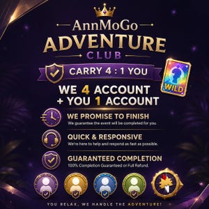 Op de afbeelding: Een donkerpaarse afbeelding voor AnnMoGo Adventure Club met gouden tekst en iconen. Het toont diensten zoals carry-opties, snelle respons en gegarandeerde voltooiing. Een wild-kaart icoon en vier ronde spelersbadges zijn afgebeeld.