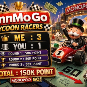 Op de afbeelding: Een levendige afbeelding die "AnnMoGo Tycoon Racers" promoot met een Monopoly-thema. Het toont een rode raceauto bestuurd door een Monopoly-man, dobbelstenen, geld en elementen van het bordspel. Het scorebord toont "ME: 3, YOU: 1" met een totaal van 150K punten.