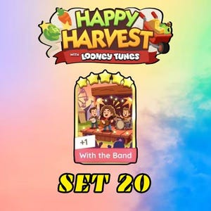 May include: A digital game card titled With the Band from Happy Harvest with Looney Tunes, featuring a cartoon musical trio on a stage with five yellow stars above, a plus one indicator, and the text SET 20 displayed in large yellow letters.