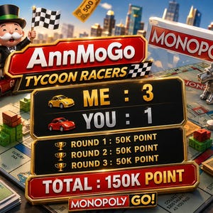 Op de afbeelding: Een Monopoly bordspel scène met de tekst "AnnMoGo Tycoon Racers". Het spel bevat een rode raceauto, dobbelstenen, geld en een zilveren hondenbeeldje. De score wordt weergegeven als "ME: 3 YOU: 1".
