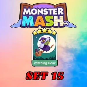 Op de afbeelding: Een digitale spelkaart getiteld Witching Hour uit de Monster Mash set 15. De kaart toont een groenhuidige heks met een paarse hoed en gewaad die op een bezemsteel rijdt met een kleine zwarte kat voor een volle maan en een donker silhouet.