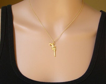 Gold Gun Necklace - Gun Charm Necklace - Revolver Pendant Necklace - Pistol Charm - Golden Gun
