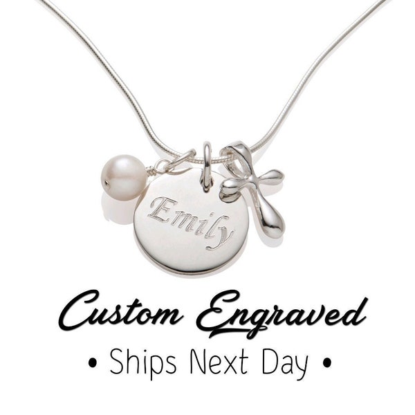 Personalized Baptism Gift Silver Necklace - Girl Baptism Gift from Godmother - Christening - Cross Necklace - Engraved Religious Jewelry